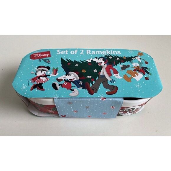Set Of 2 Disney Mickey Minnie Mouse Ramekins Stackable Dessert Dish Mistletoe - Picture 2 of 9